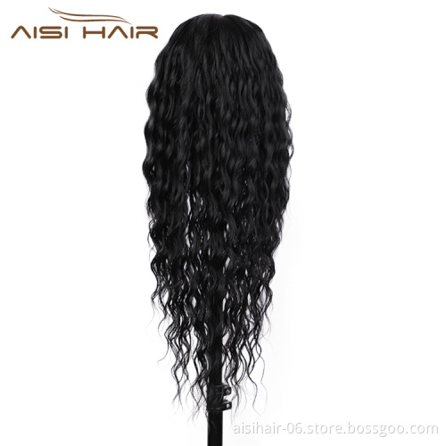 Aisi Hair High Quality 22 Inch Long Wavy Black Color Wig Water Wave Swiss Lace Wig Wholesale Synthetic Hair Wigs For Black Women